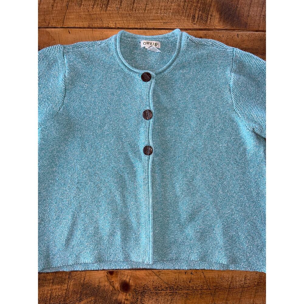 Womens Orvis Blue Cotton Blend Cardigan Sweater Wooden Buttons 60s Style XL